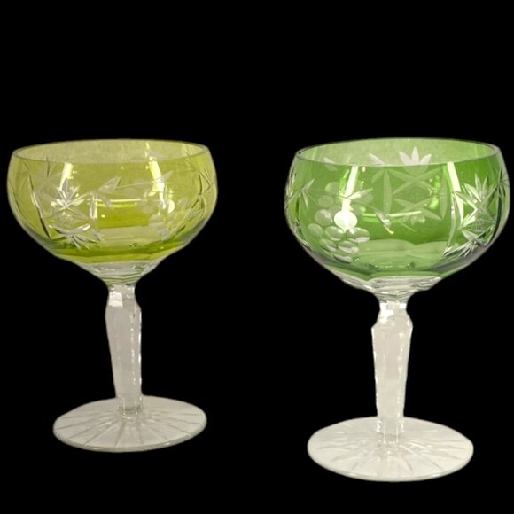 Champagne Coupes -- Green/Yellow Bohemian/Czech Cut-to-Clear Crystal, Set of 2 - Picture 2 of 6